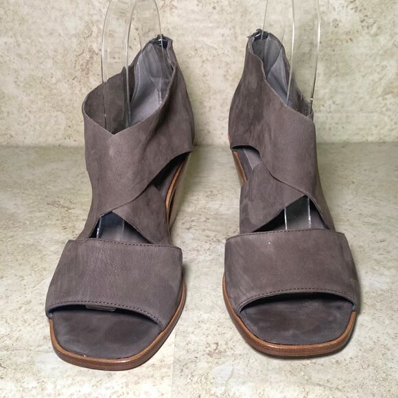 Eileen Fisher Brown Ann Tumbled Nubuck Leather Sandal Zip Back Block Heels - Picture 2 of 9